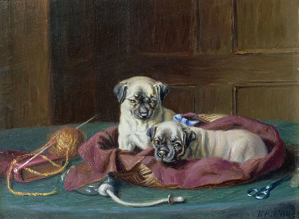 Pug Puppies in a Basket (panel)