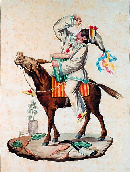 Pulcinella eating maccheroni on a donkey, 19th century (watercolour)