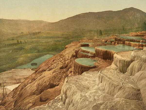 Pulpit Terraces from above, Yellowstone National Park, c. 1898 (photochrom)