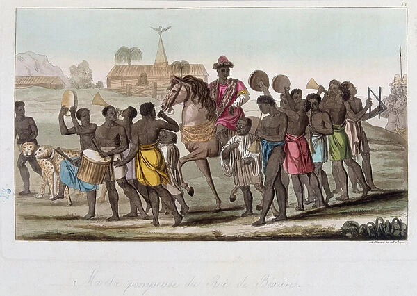 Pumper march of the King of Benin (former Dahomey) - in 'The old and modern costume'by Ferrario, ed Milan, 1819-20
