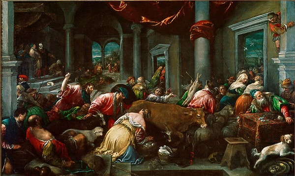 Purification of the Temple or 'Christ Hunting Merchants from the Temple'Painting by Jacopo Da Ponte called Jacopo Bassano (1517-1592) Sun. 160x265 cm London, National Gallery