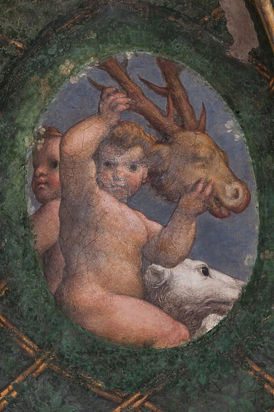 Putti, dog and deer, detail, 1518-19 (fresco)
