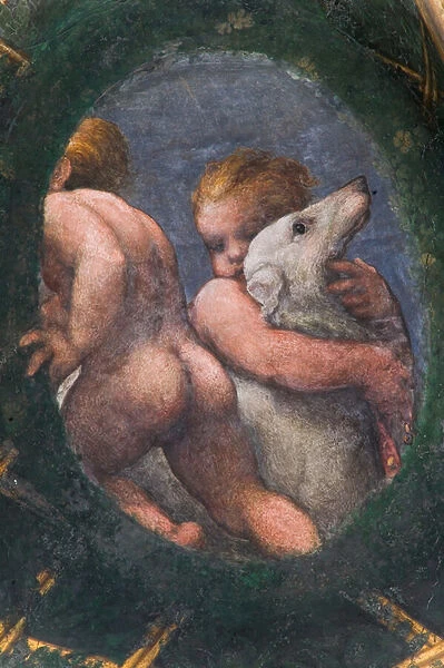 Putti and dog, detail, 1518-19 (fresco)