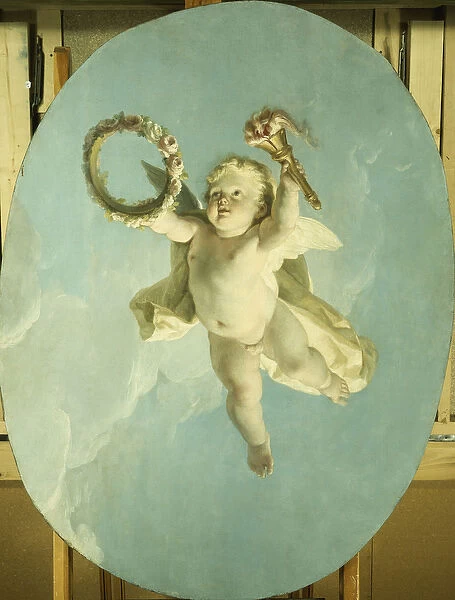 A Putti in Flight Holding a Wreath and a Torch, (oil on canvas)