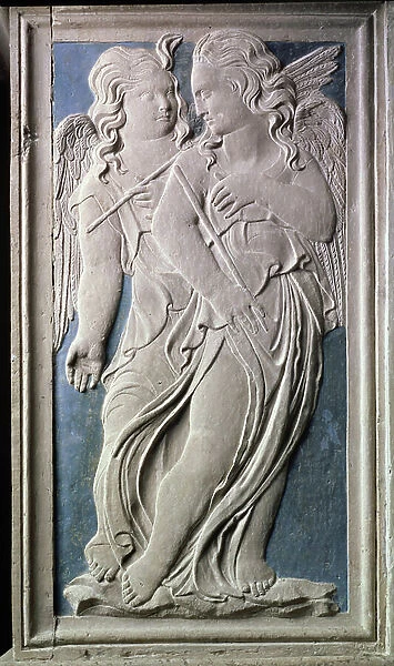 Two putti with metal percussion beaters, from the frieze of musical angels in the Chapel of Isotta degli Atti, by Agostino di Duccio (1418-81), c.1450 (marble)