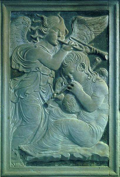 Two putti, one playing the cornamuse, the other playing the trumpet, from the frieze of musical angels in the Chapel of Isotta degli Atti, by Agostino di Duccio (1418-81), c.1450 (marble)