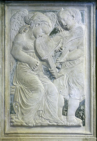Two putti playing lutes, from the frieze of musical angels in the Chapel of Isotta degli Atti, by Agostino di Duccio (1418-81), c.1450 (marble)