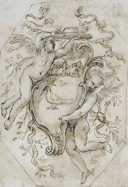 Two Putti Supporting a Cardinals Hat and an Escutcheon with the Arms of Camillo