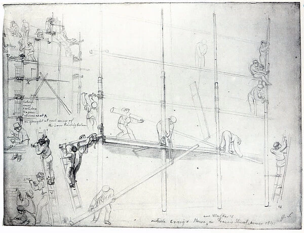 Putting up Scaffolding outside Craigs House, Francis Street, London, 1841 (pencil