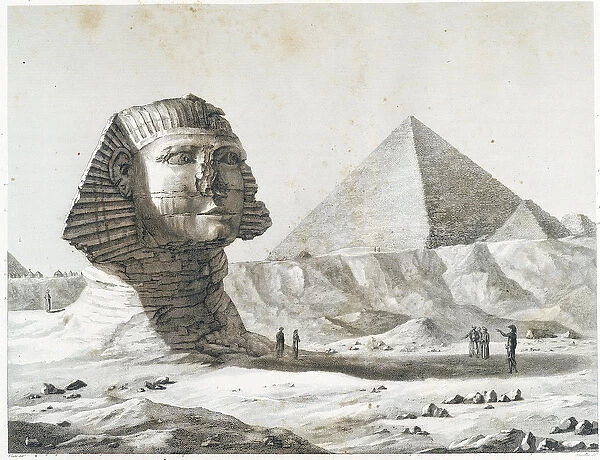 Pyramids of Giza: view of Sphinx and the Great Pyramid, taken from the southeast - in