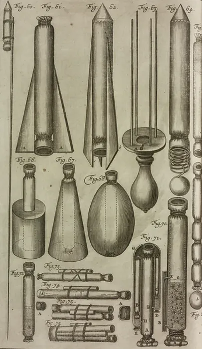 Framed Print : Pyrotechnic rockets and instruments, engraving from Grand Art d'Artillerie, by Casimir Siemienowicz, 1676