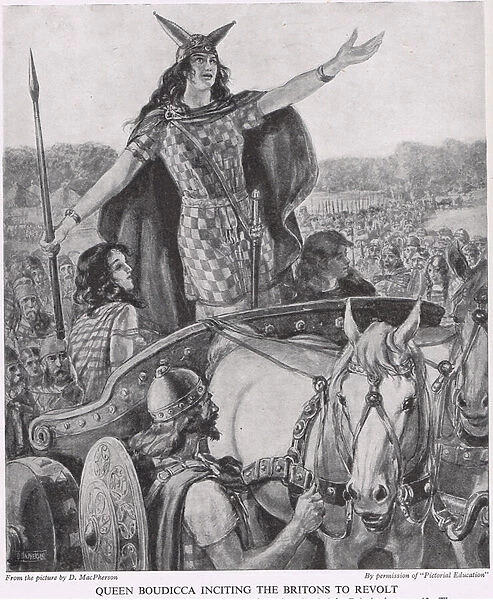 Queen Boudicca inciting the Britons to Revolt, illustration from The Story of the British People, c. 1950 (litho)