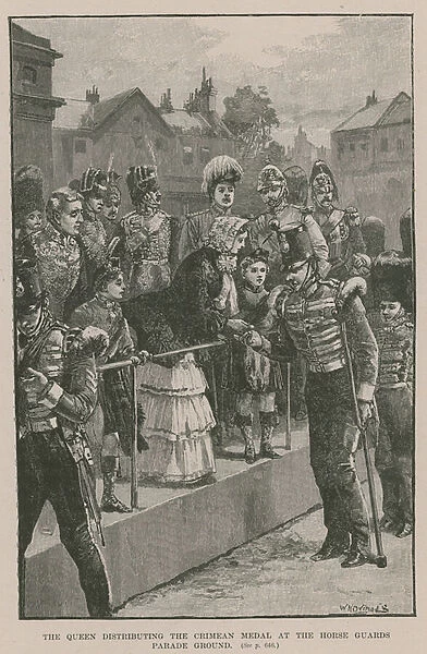 The Queen distributing the Crimean Medal at the Horse Guards Parade Ground (engraving)