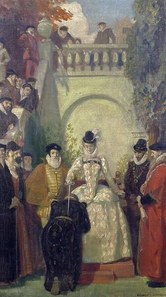 Queen Elizabeth I knighting Sir John Young on the steps of his property, The Great House