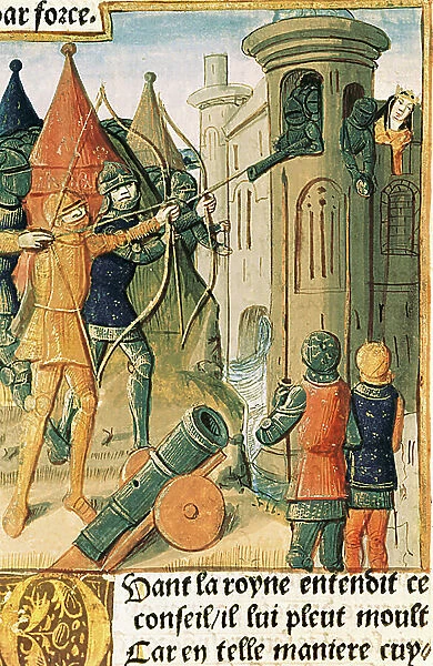 Queen Guinevere besieged in the Tower of London, miniature from Lancelot, the Knight of the Cart by Chretien de Troyes (vellum)