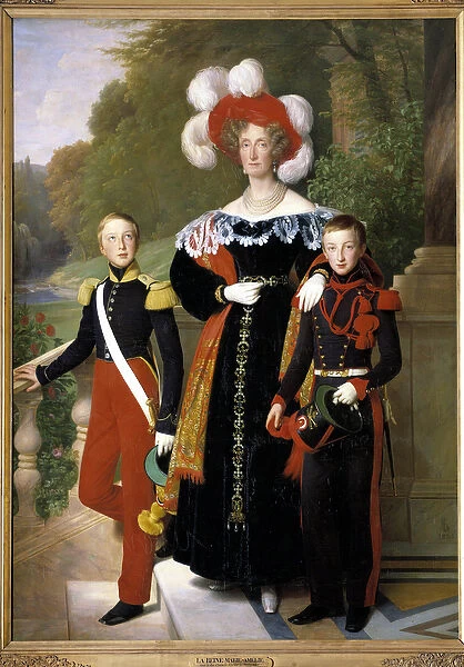 Queen Marie-Amelie and two of her sons, the Duke of Aumale in uniform as a soldier of