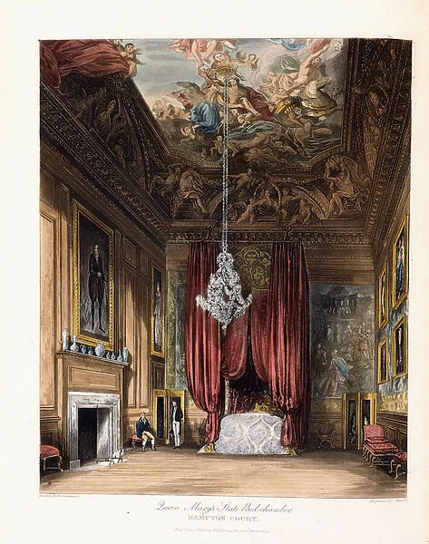 Queen Marys State Bed-chamber, Hampton Court, 1819 (hand-coloured aquatint engraving