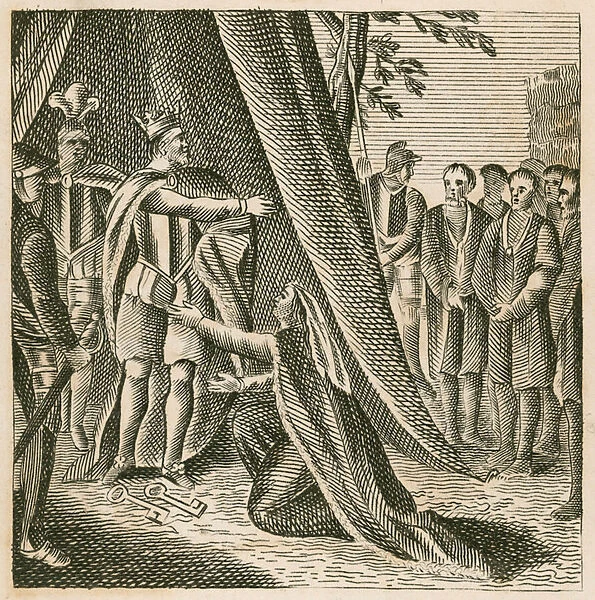 Queen Philippa pleading with King Edward III for him to spare the lives of the Burghers of Calais, 1347 (engraving)