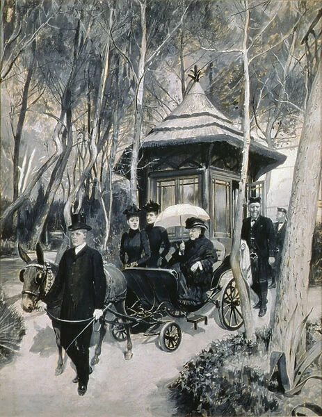 Queen Victoria riding in a mule carriage with John Brown in attendance (grisaille)