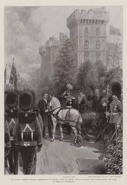 The Queens Eightieth Birthday Celebrations at Windsor, after the Review, the 2nd Battalion Scots Guards passing the Queen on their Way to Barracks (litho)