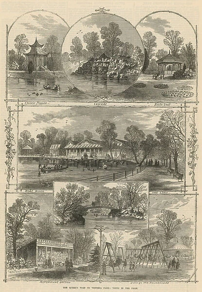 The Queens visit to Victoria Park: views in the park (engraving)