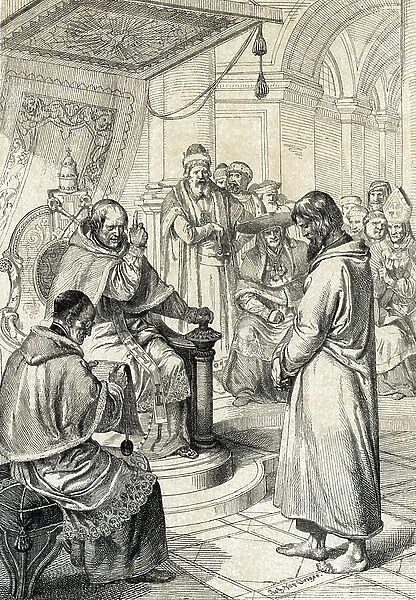 Queril of the investitures, penitence of Canossa: In Canossa, Emperor Henry IV of the Holy Roman Empire (1050-1106) in penitent dress implores the forgiveness of Pope Gregoire VII (Hildebrand)