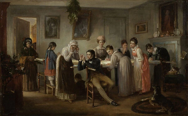Quilting Party, 1872 (oil on wood)