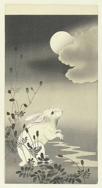 Rabbit under a full moon, 1900-30 (colour woodcut)