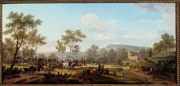 A race in the vicinity of Longchamps Attelages and riders in the Parisian countryside