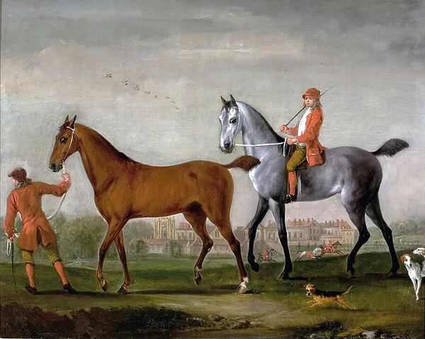 Two Racehorses with Grooms and Hounds in the Park at Newstead Abbey, Nottinghamshire