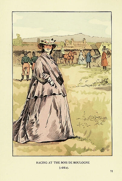 Racing at the Bois de Boulogne, Paris, 1862. Woman in violet crinoline dress and mantelet cape watching the horse racing in the park. Handcoloured lithograph by R. V