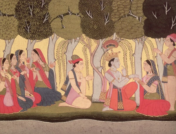 Radha and Krishna seated in a grove, Kulu, 1790-1800 (gouache on paper)
