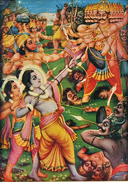 Rama and Hanuman fighting against Ravana the demon, scene from the Ramayana (colour litho