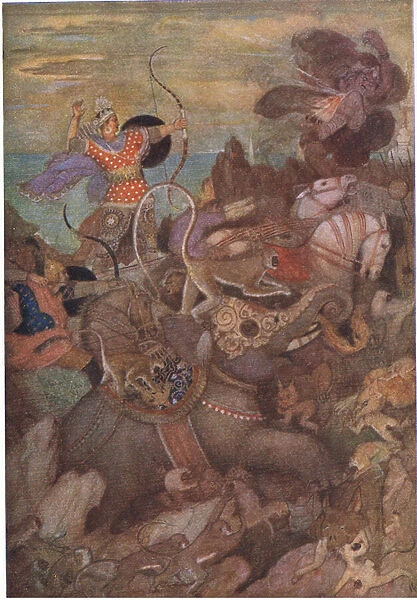 Rama launched at his foe a fearsome bolt, 1912 (colour litho)