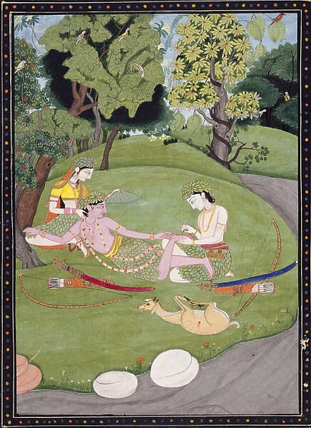 Rama reclining against Sita, while his brother Laksman draws a thorn from his foot