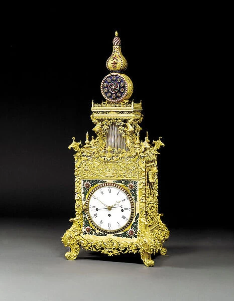 A very rare ormolu, paste-inset musical automaton table clock, probably Guangzhou, c