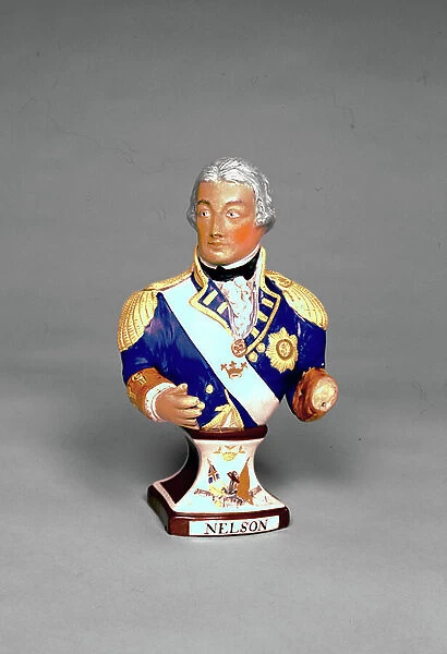 Rare pearlware bust of Admiral Lord Nelson on titled plinth, early 19th century