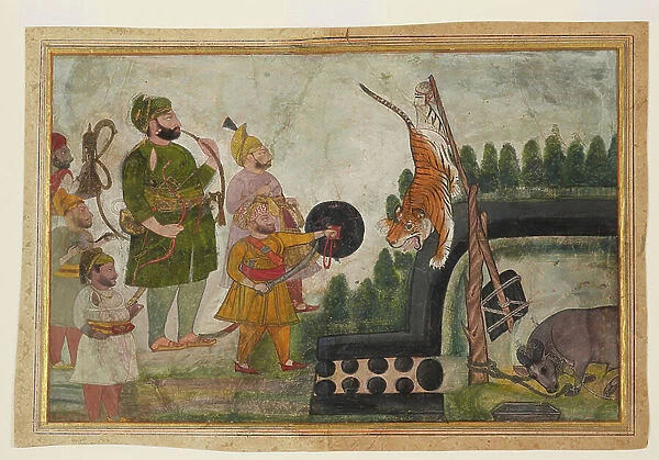 Rawat Gokul Das inspects a trapped tiger, 1810-1815 (gouache on paper)