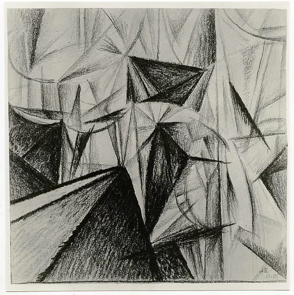 Rayonnist Composition (Rhythmic Composition), 1915 (charcoal on paper) (b / w photo)