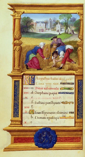 Reaping Wheat in August from Book of Hours, c. 1525 (ink, paint and gold on vellum)
