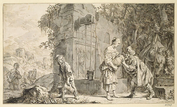 Rebecca and Eliezer, 1660 (pen and ink and wash on paper)