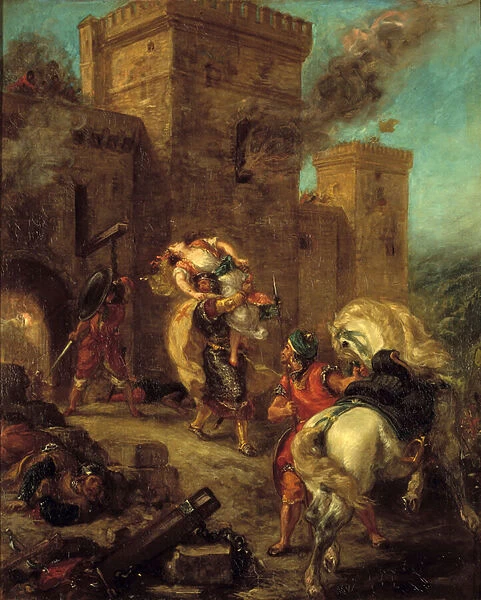 Rebecca took off by the Templar during the bag of the castle of Frondeboeuf. From Scott Walters book 'Ivanhoe'. Painting by Eugene Delacroix (1798-1863), 1858. Oil on canvas. Dim: 1, 05 X 0, 81m