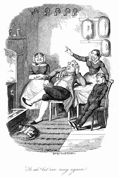 Rebellion below stairs - the servants too snug to answer the house bells at the first ring. Illustration by George Cruikshank (1792-1878) for the Brothers Mayhew The Greatest Plague of Life: or The Adventures of a Lady in Search of a Good Servant