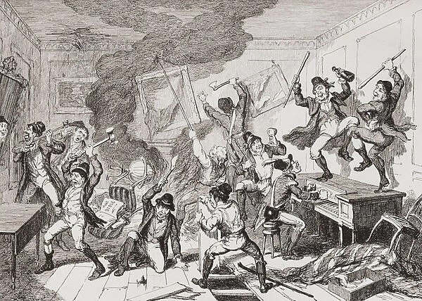 Rebels destroying a house and furniture, from History of the Irish Rebellion in 1798; with Memoirs of the Union, and Emmetts Insurrection in 1803 by W. H. Maxwell. Published in London 1854