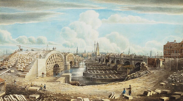 Rebuilding London Bridge, (pencil, pen, ink and watercolour)
