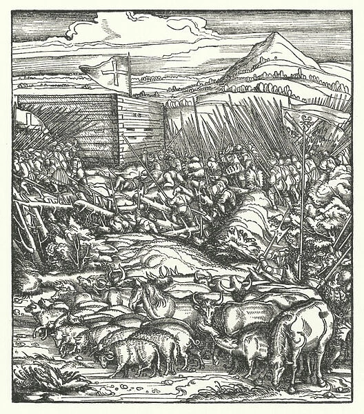 Recapture of livestock stolen Flemish peasants rebelling against the rule of Archduke Maximilian of Austria, 1485 (engraving)