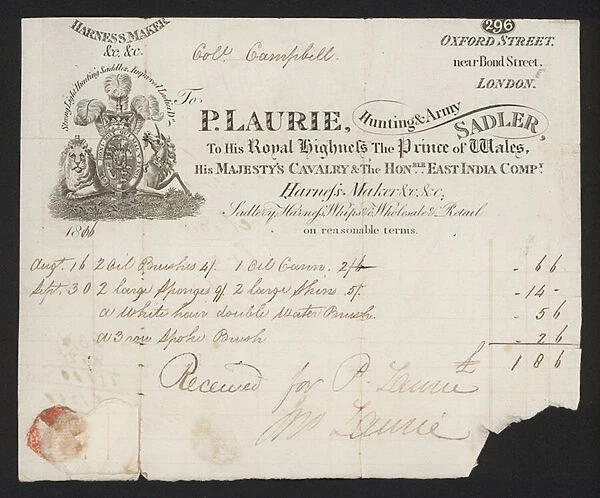 Receipt from P Laurie, saddler and harness maker, 296 Oxford Street, London (litho)