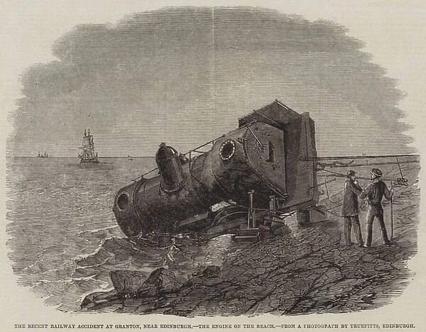 The Recent Railway Accident at Granton, near Edinburgh, the Engine on the Beach (engraving)