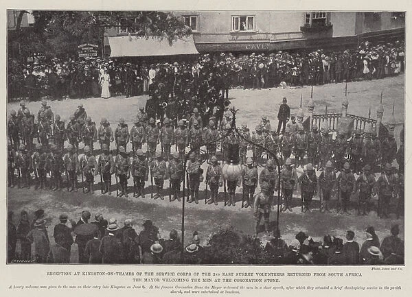 Reception at Kingston-on-Thames of the Service Corps of the 2nd East Surrey Volunteers returned from South Africa, the Mayor welcoming the Men at the Coronation Stone (b  /  w photo)