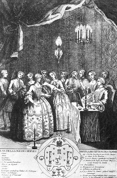 Reception of Ladies at the Lodge of Mopses (engraving) (b  /  w photo) (see also 226093)